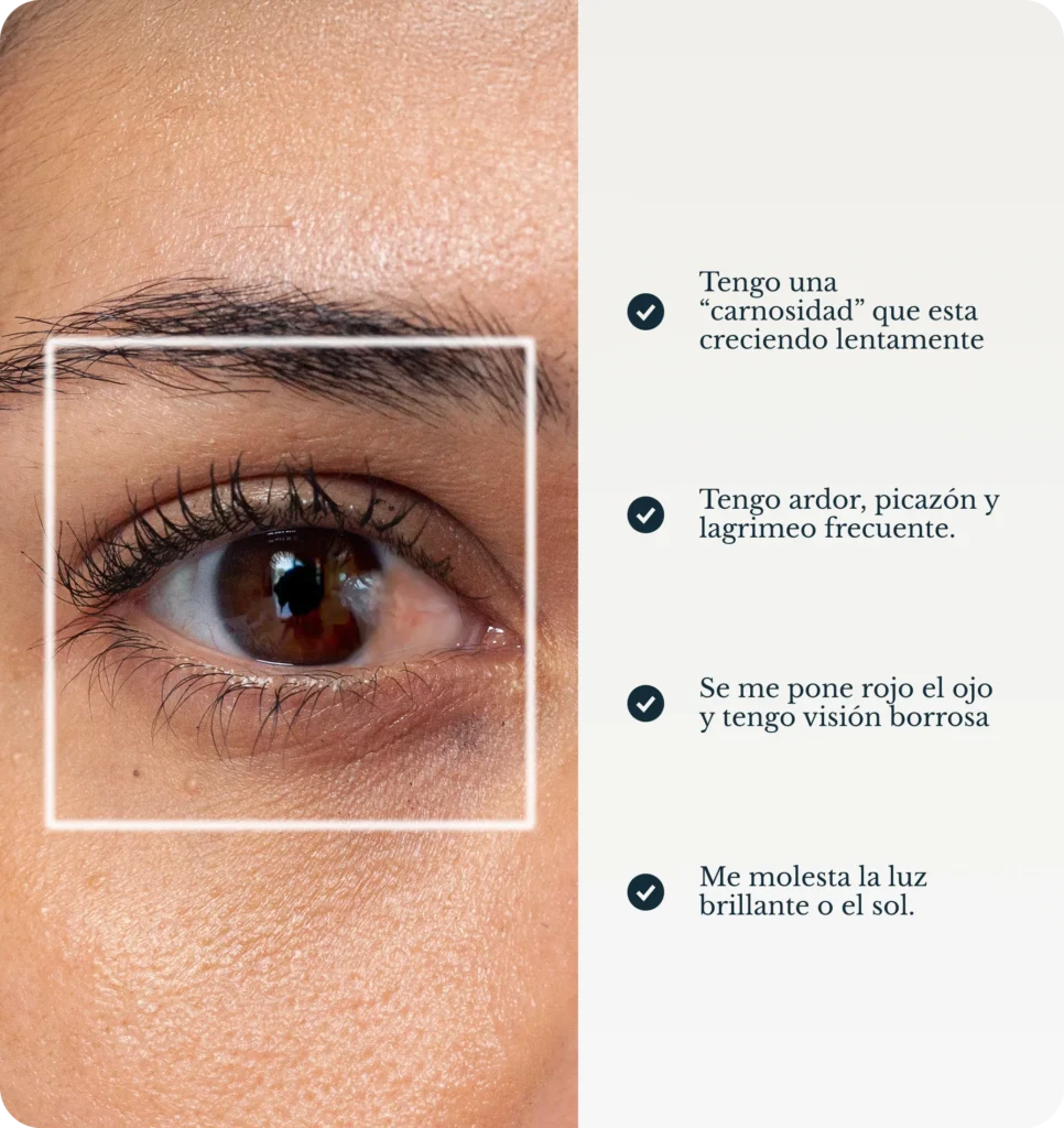 carnosidad en el ojo: crecimiento de tejido en la superficie ocular que puede afectar la visión