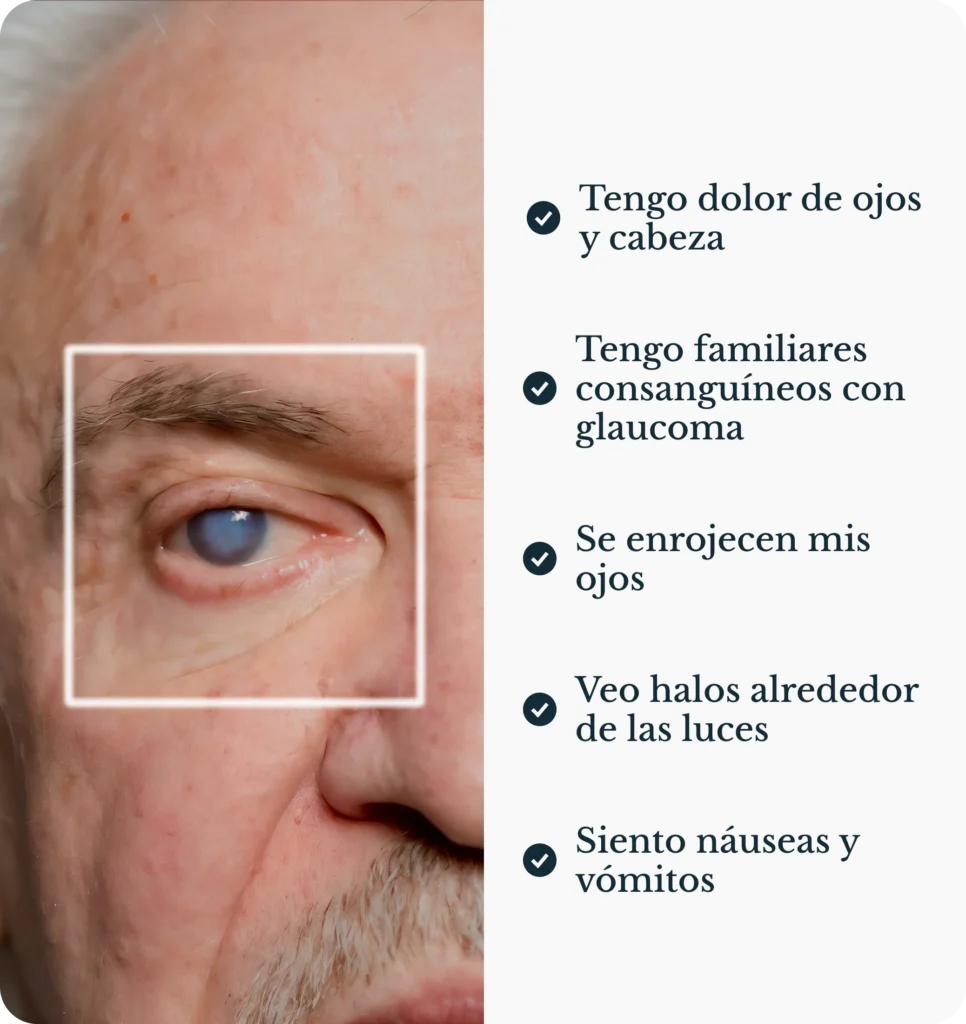 Síntomas del glaucoma en el ojo como enrojecimiento y visión borrosa